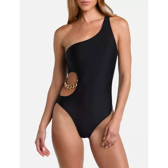 L'Agence Swimsuit XL Black One Shoulder Gold Chain Detail Monokini New MSRP $275 - Picture 1 of 11